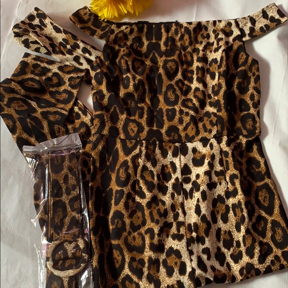 Leopard Animal Print Off The Shoulders Waist Belt Jumpsuit - Picture 4 of 8